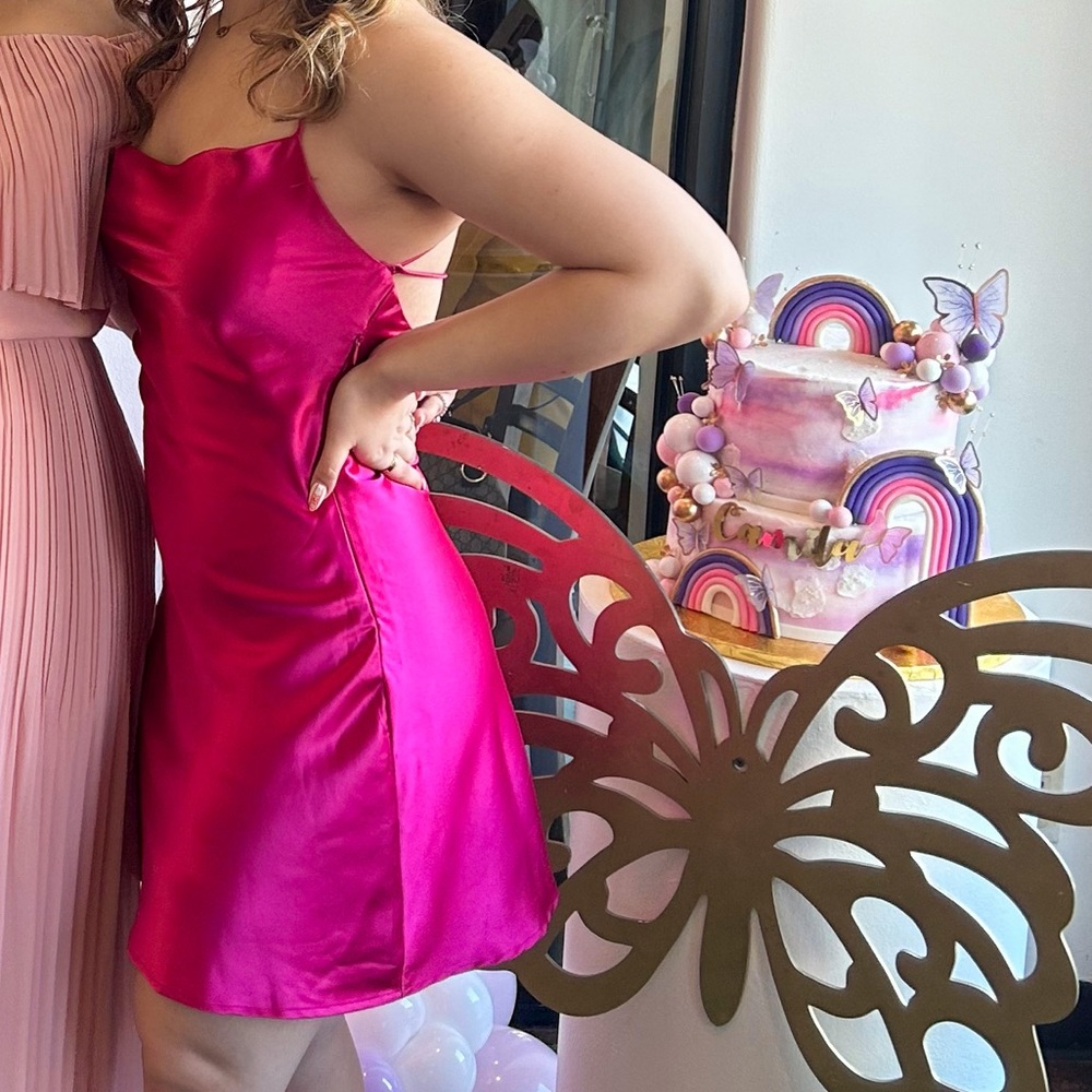 Silk Magenta Open across Back Mini Dress